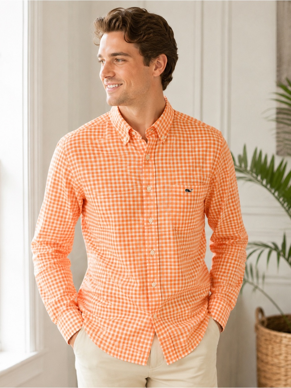 Vineyard Vines Men’s Orange Gingham Button-Down Shirt